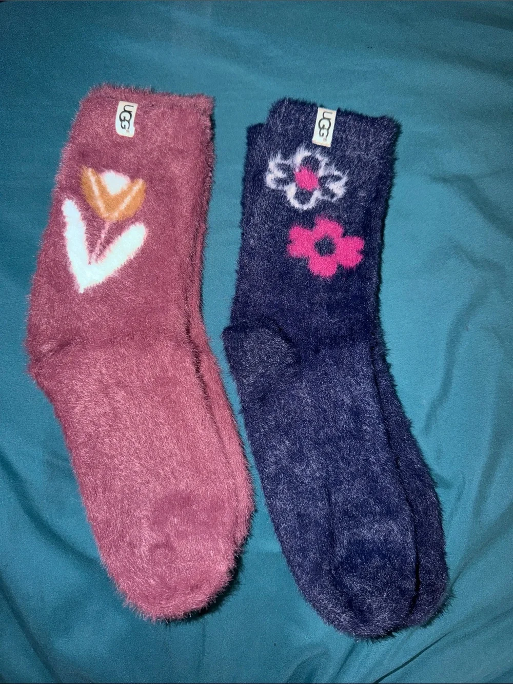 UGG Fuzzy Floral Crew Socks - Pink and Navy